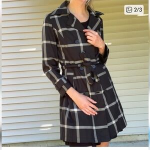 Merona Belted Trench Coat Black White Plaid Check Pattern Size Med.